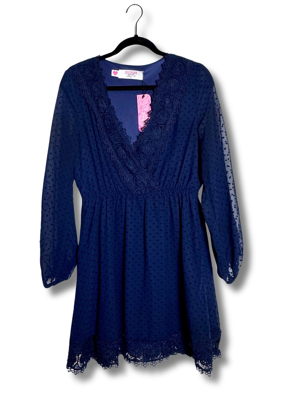 ✨New✨Southern Fried Chics Plunge V Neck Swiss Dot Lace Lined Navy Dress, L